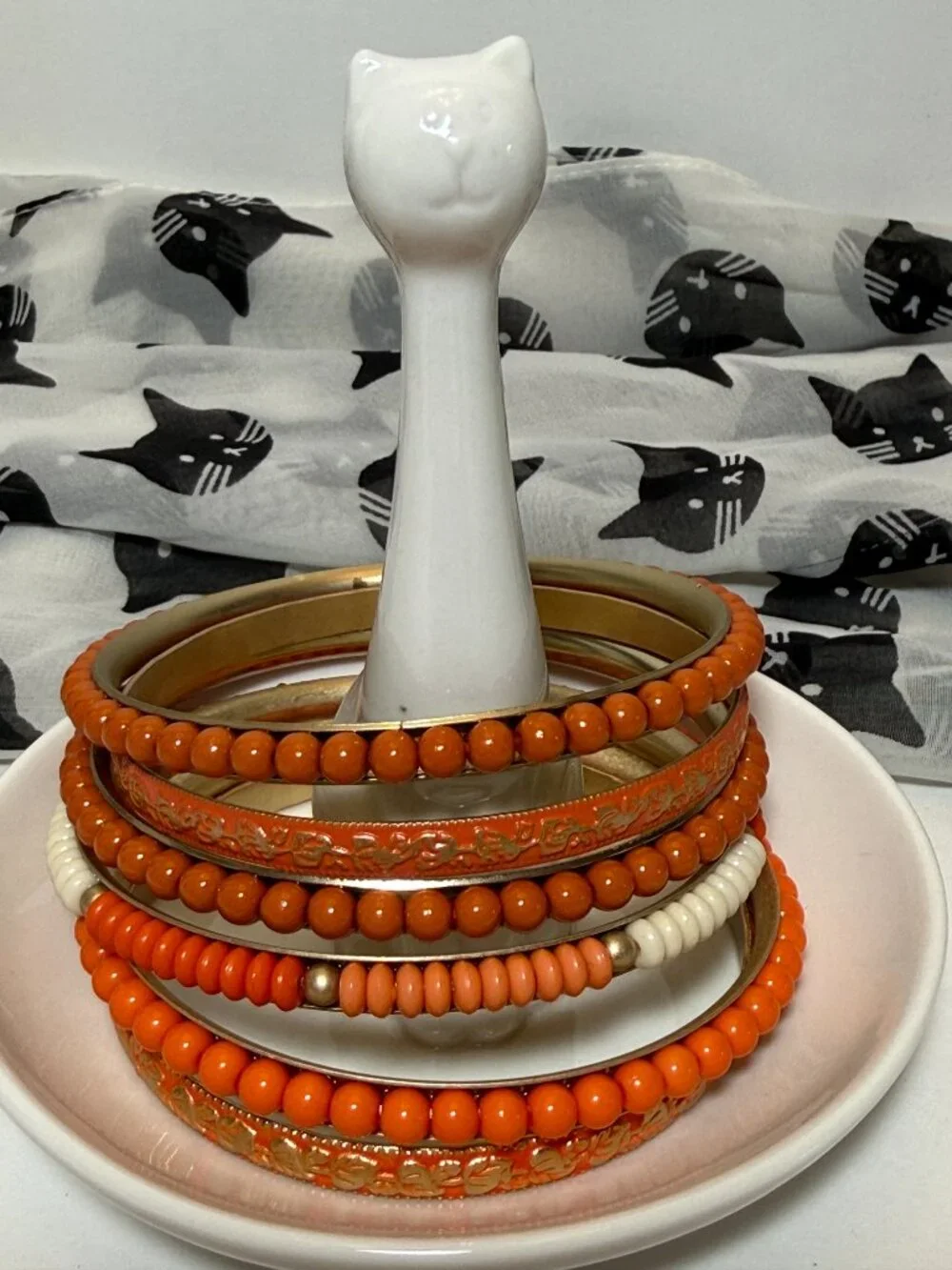 6 Orange Bangles Mix Match Stack Beaded Gold Toned Bracelets